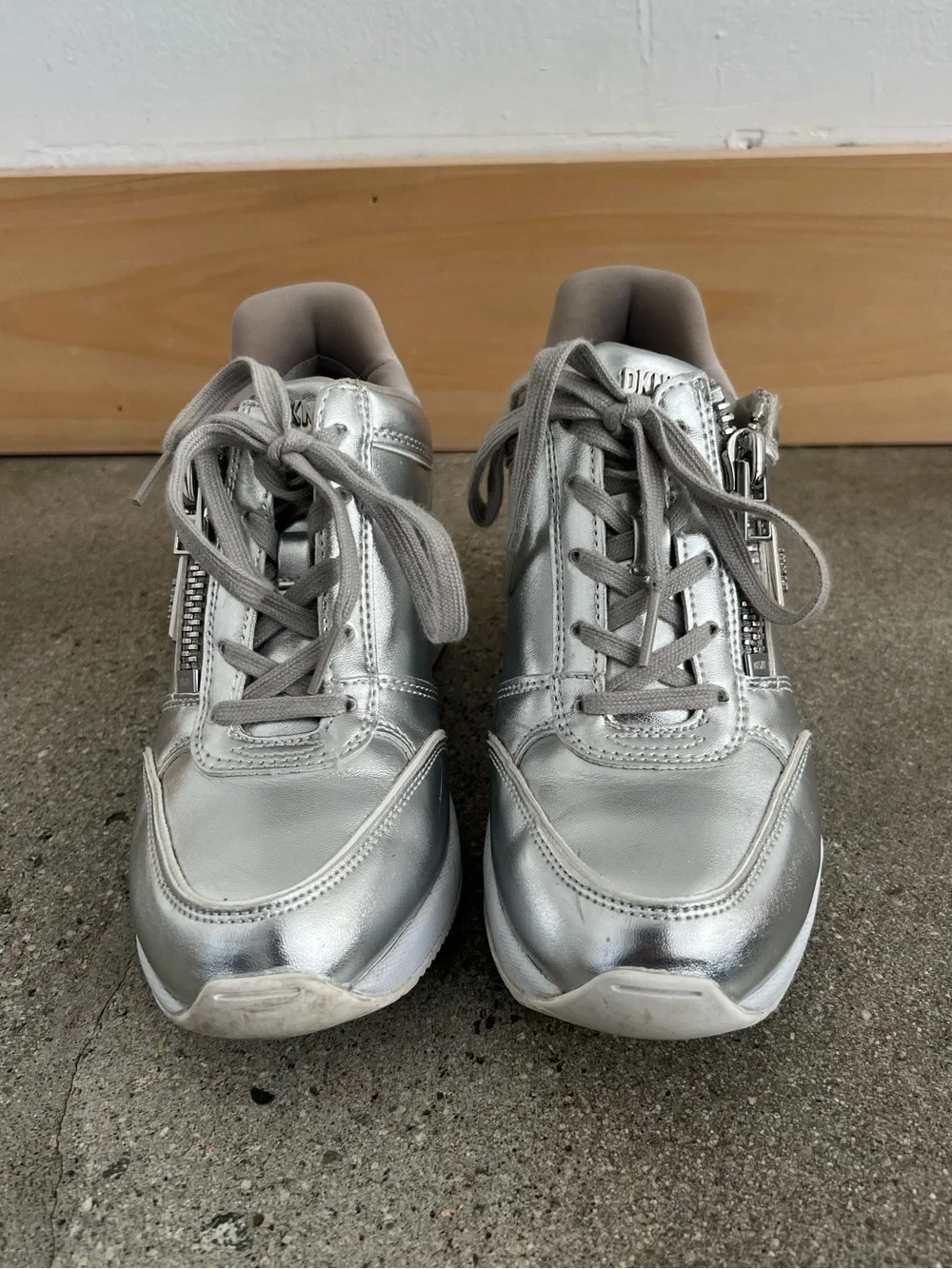 DKNY Metallic Silver Wedge Sneaker - Women